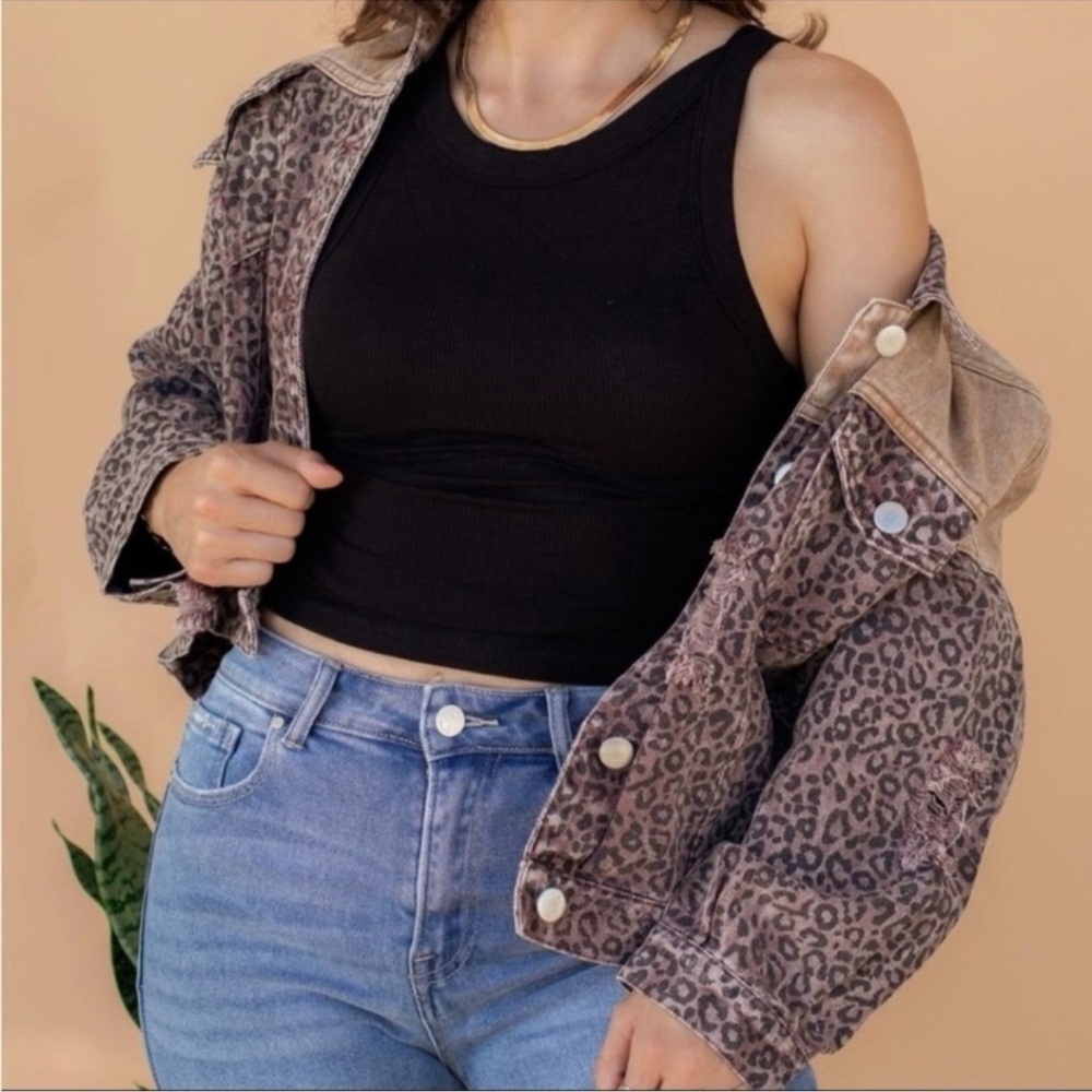 HYFVE Get Me Wild leopard print distressed denim jacket - Size L - Picture 2 of 14